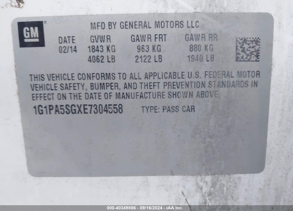 2014 CHEVROLET CRUZE LS AUTO VIN: 1G1PA5SGXE7304558