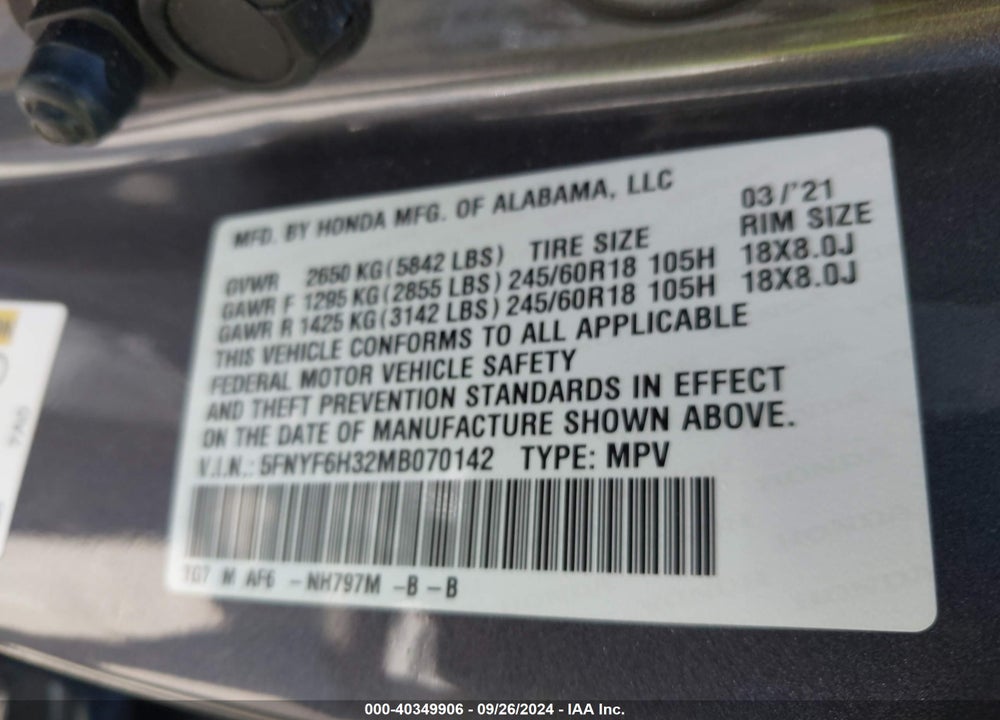 2021 HONDA PILOT AWD EX VIN: 5FNYF6H32MB070142