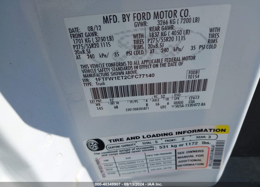 2012 FORD F-150 FX4 VIN: 1FTFW1ET2CFC77140