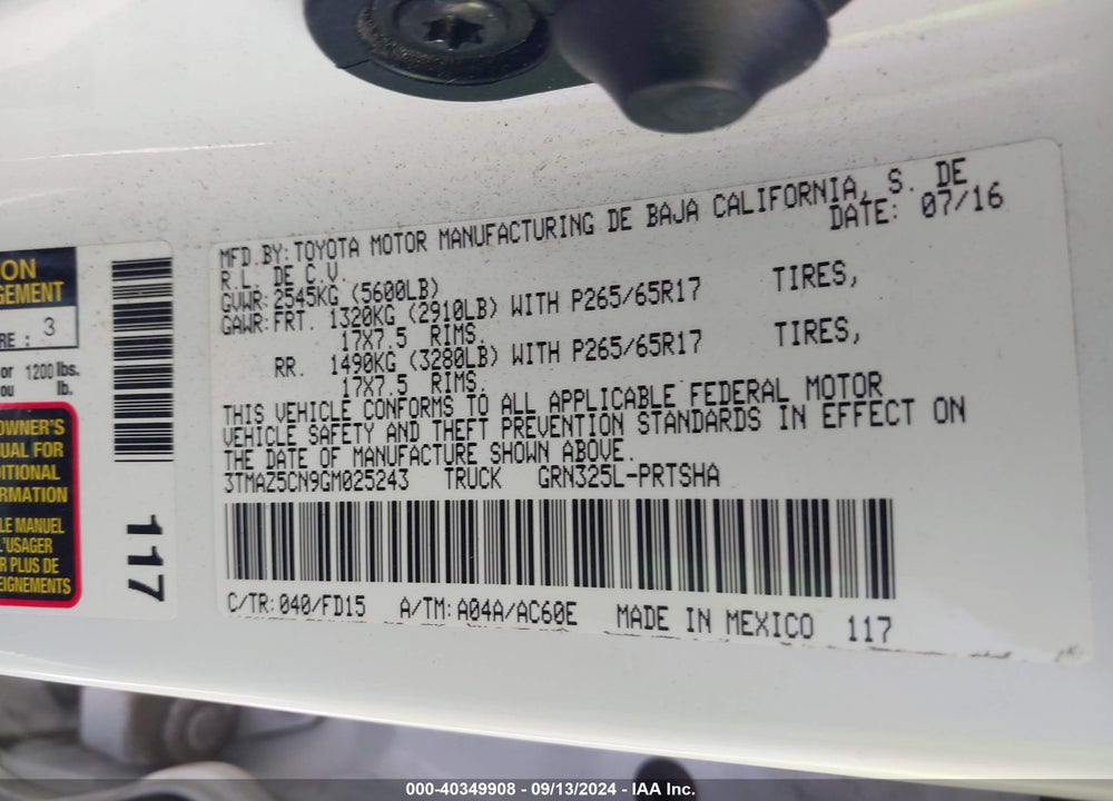 2016 TOYOTA TACOMA TRD SPORT VIN: 3TMAZ5CN9GM025243