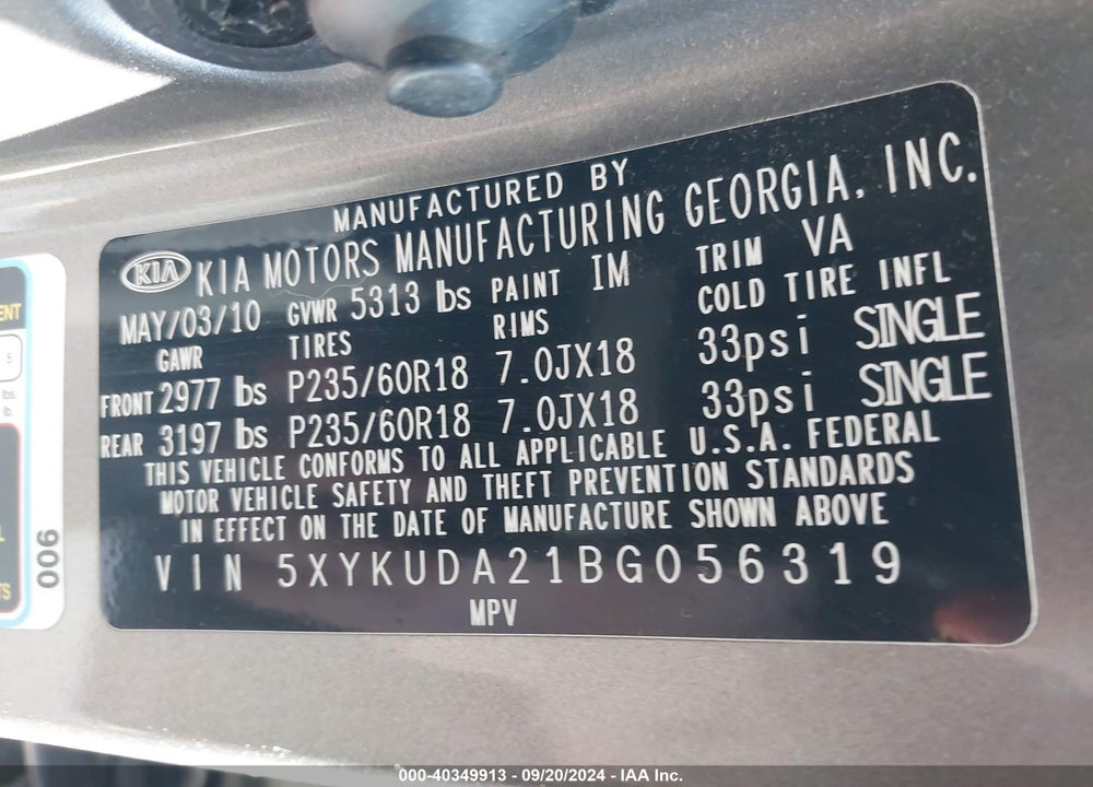 2011 KIA SORENTO EX V6 VIN: 5XYKUDA21BG056319