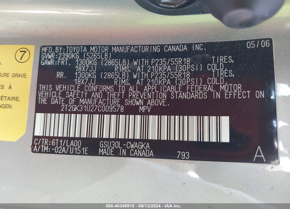 2007 LEXUS RX 350 VIN: 2T2GK31U27C009578