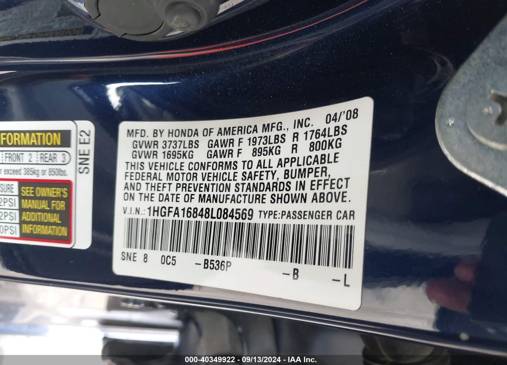 2008 HONDA CIVIC VIN: 1HGFA16848L084569