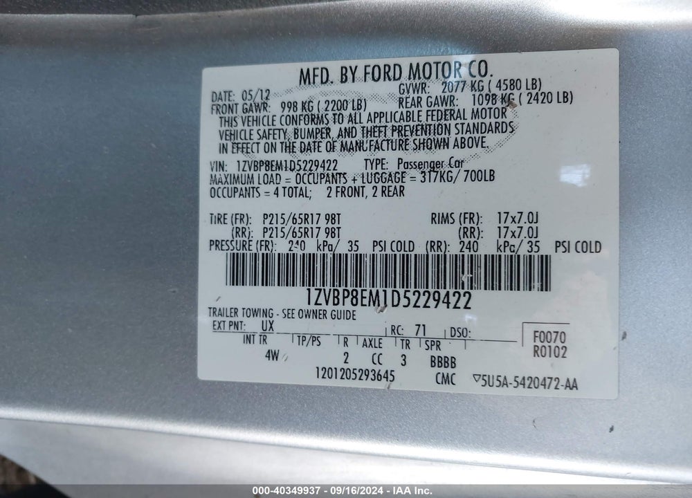 2013 FORD MUSTANG V6 PREMIUM VIN: 1ZVBP8EM1D5229422