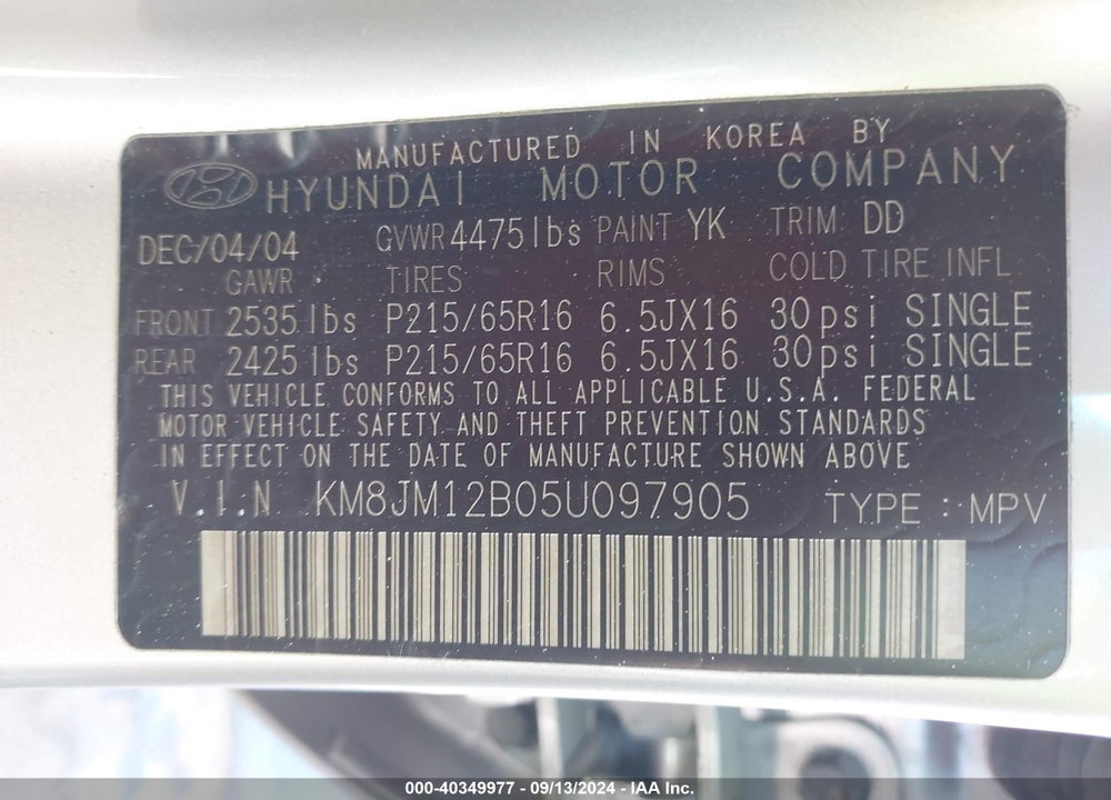 2005 HYUNDAI TUCSON GL VIN: KM8JM12B05U097905