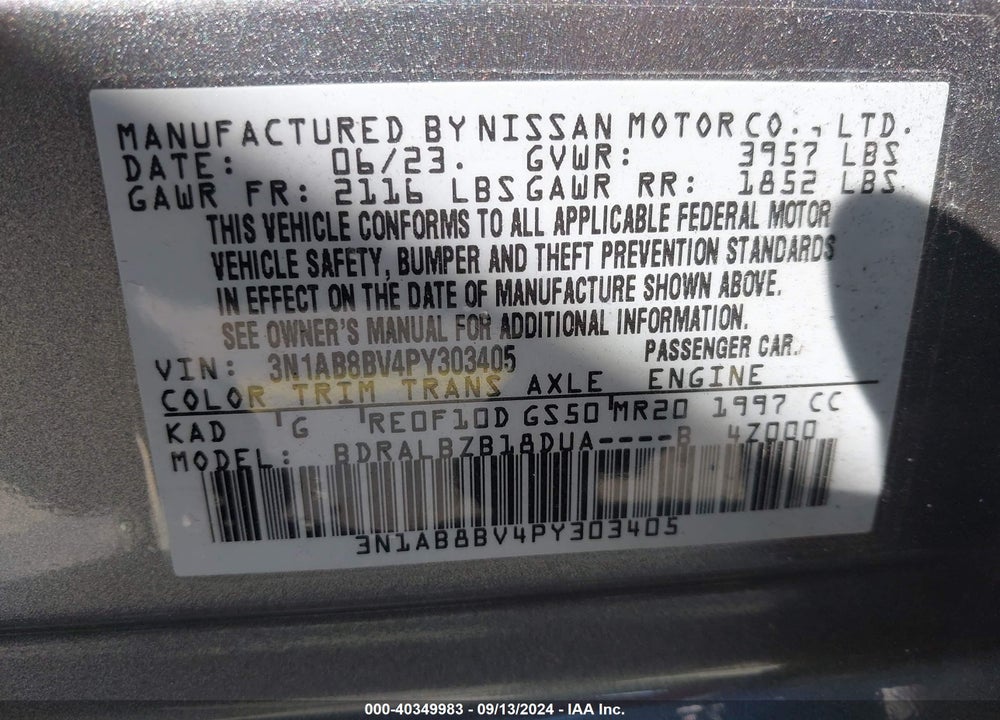 2023 NISSAN SENTRA S XTRONIC CVT VIN: 3N1AB8BV4PY303405