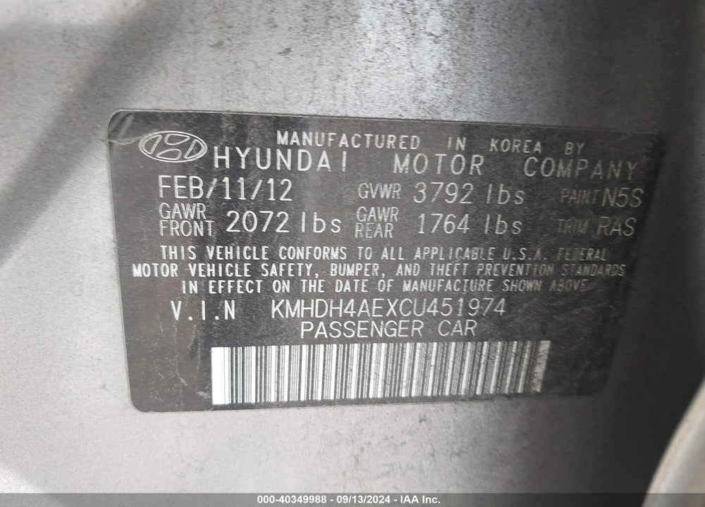 2012 HYUNDAI ELANTRA GLS (ULSAN PLANT) VIN: KMHDH4AEXCU451974