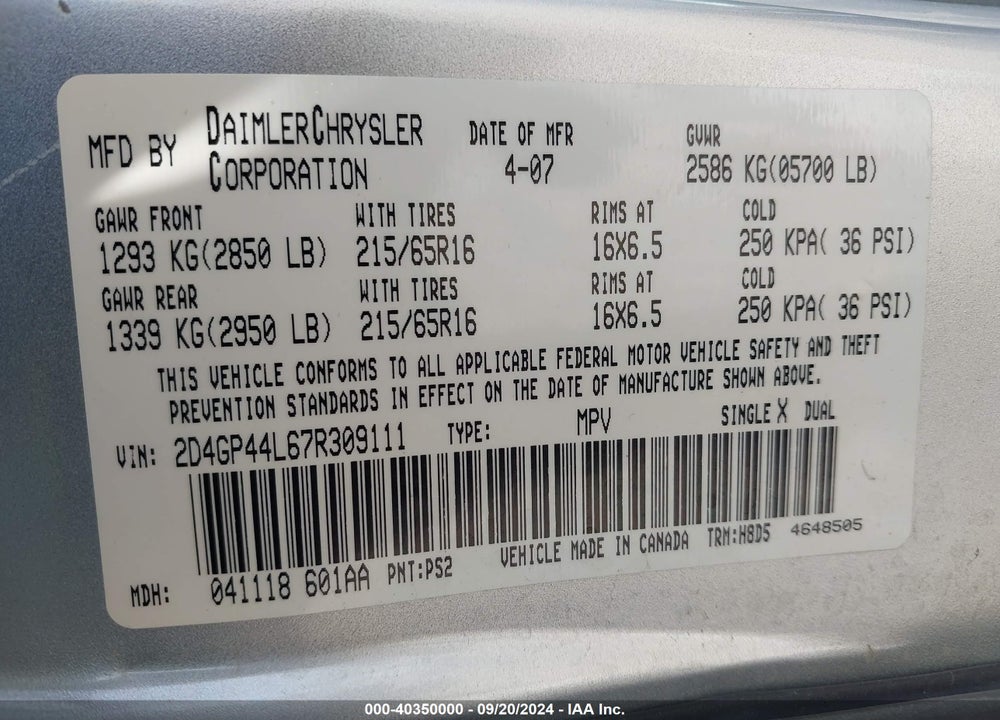 2007 DODGE GRAND CARAVAN SXT VIN: 2D4GP44L67R309111