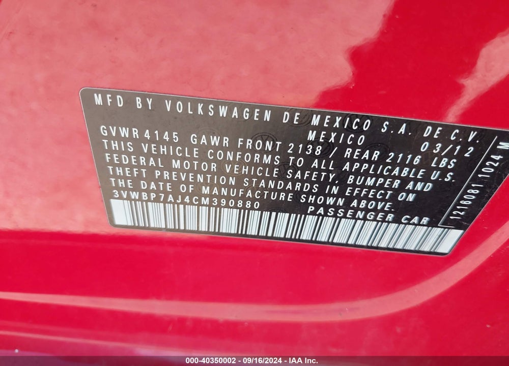2012 VOLKSWAGEN JETTA 2.5L SE VIN: 3VWBP7AJ4CM390880