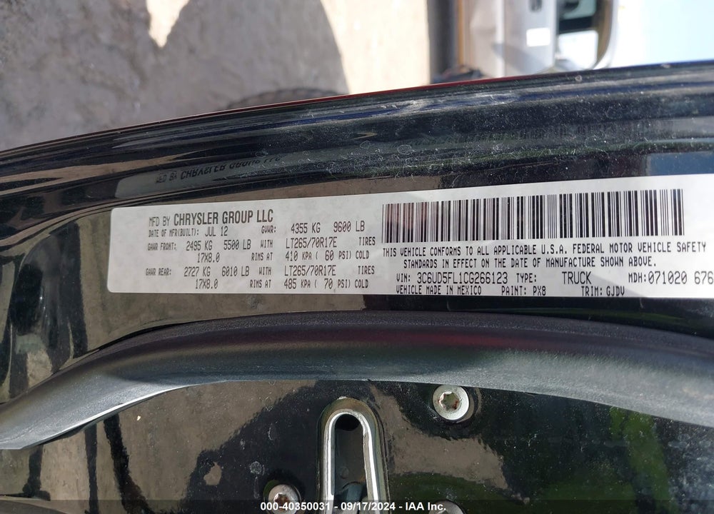 2012 RAM 2500 LAIE VIN: 3C6UD5FL1CG266123
