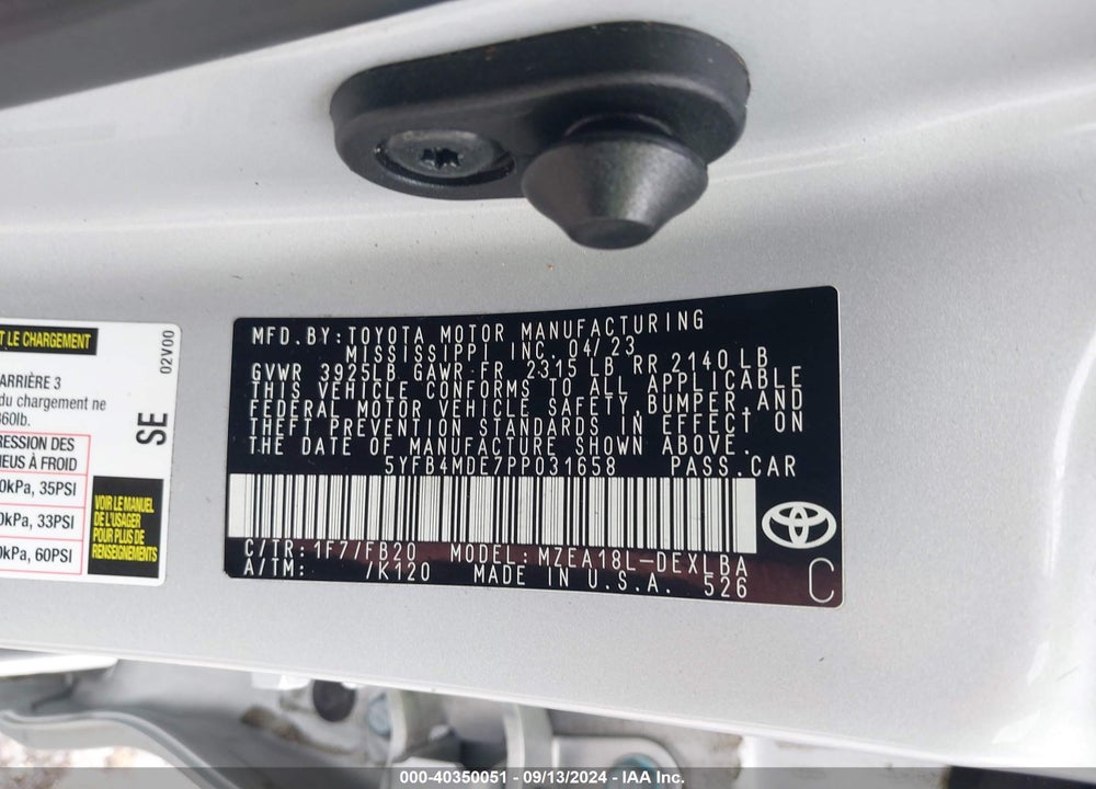 2023 TOYOTA COROLLA LE VIN: 5YFB4MDE7PP031658