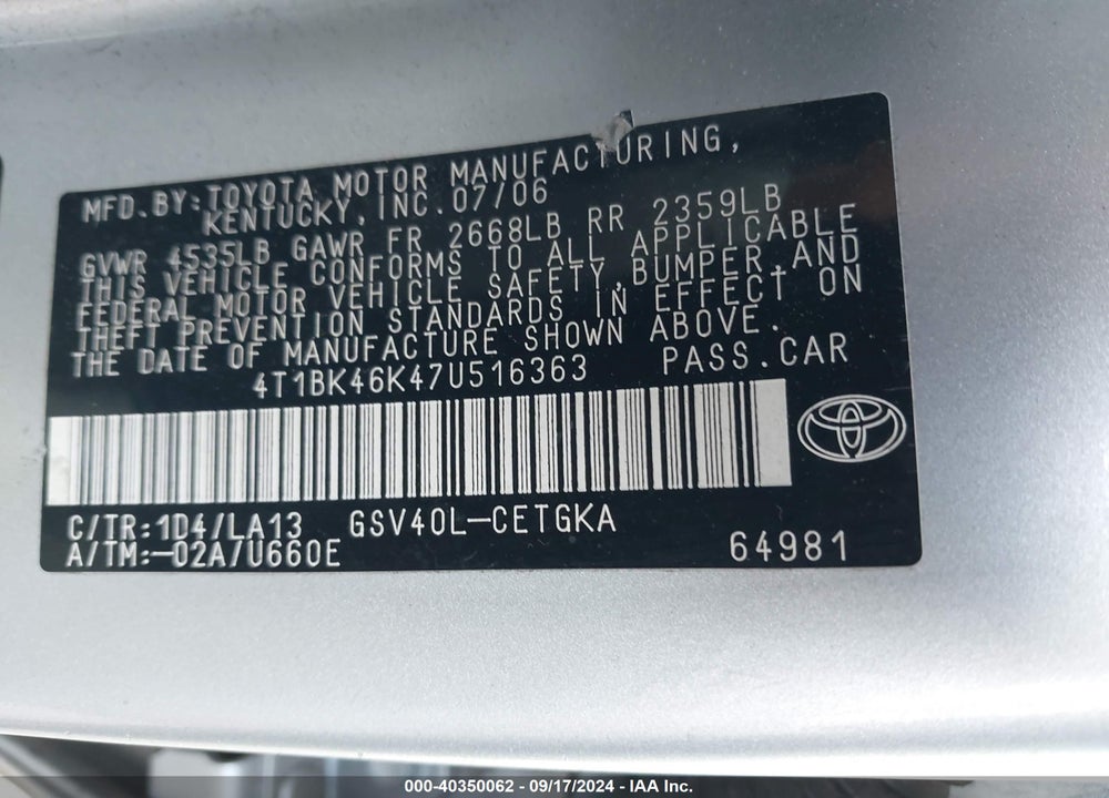 2007 TOYOTA CAMRY XLE V6 VIN: 4T1BK46K47U516363