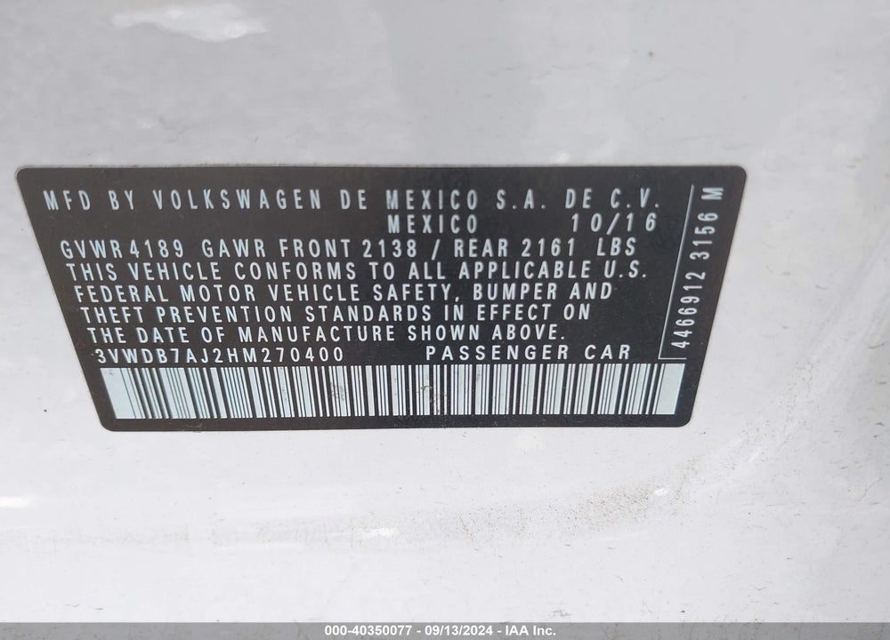 2017 VOLKSWAGEN JETTA 1.4T SE VIN: 3VWDB7AJ2HM270400