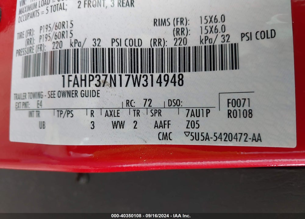 2007 FORD FOCUS S/SE/SES VIN: 1FAHP37N17W314948