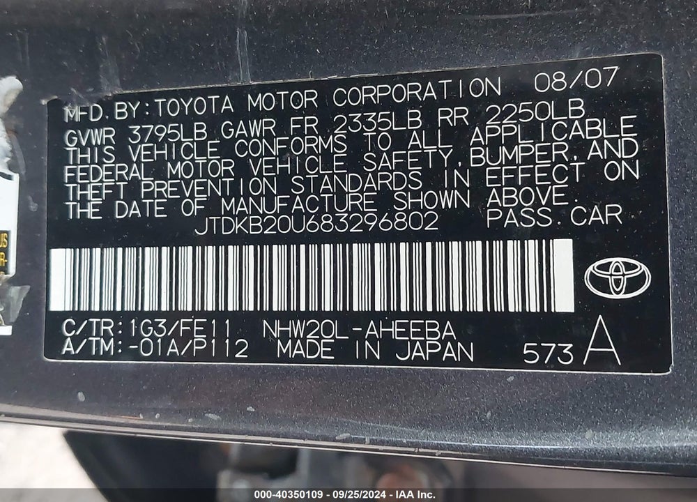 2008 TOYOTA PRIUS VIN: JTDKB20U683296802