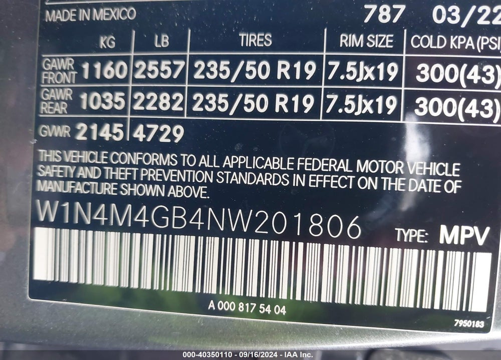 2022 MERCEDES-BENZ GLB 250 VIN: W1N4M4GB4NW201806
