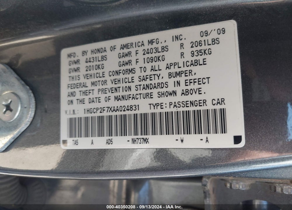 2010 HONDA ACCORD 2.4 EX VIN: 1HGCP2F7XAA024831