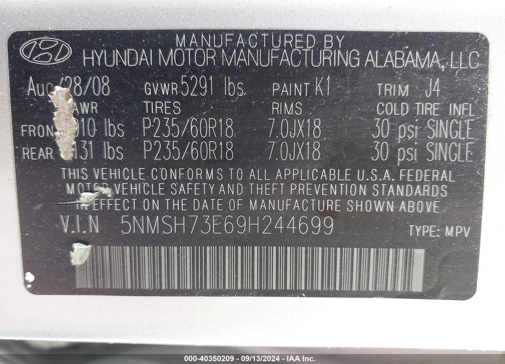 2009 HYUNDAI SANTA FE SE VIN: 5NMSH73E69H244699