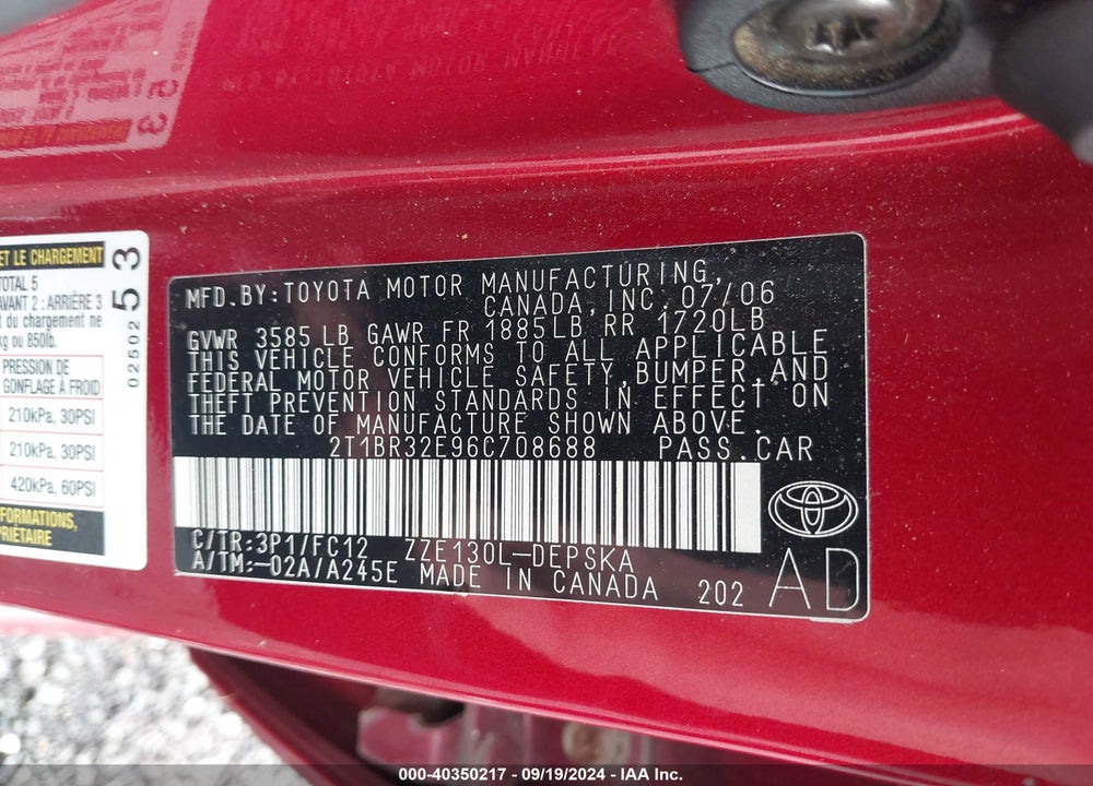 2006 TOYOTA COROLLA S VIN: 2T1BR32E96C708688