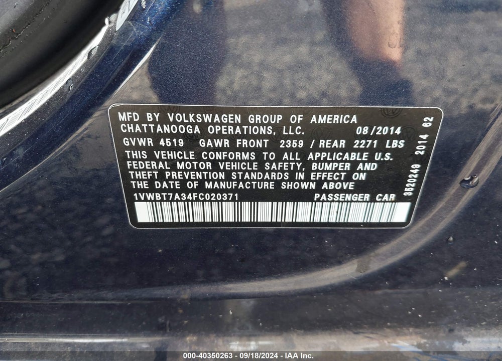 2015 VOLKSWAGEN PASSAT 1.8T SE VIN: 1VWBT7A34FC020371