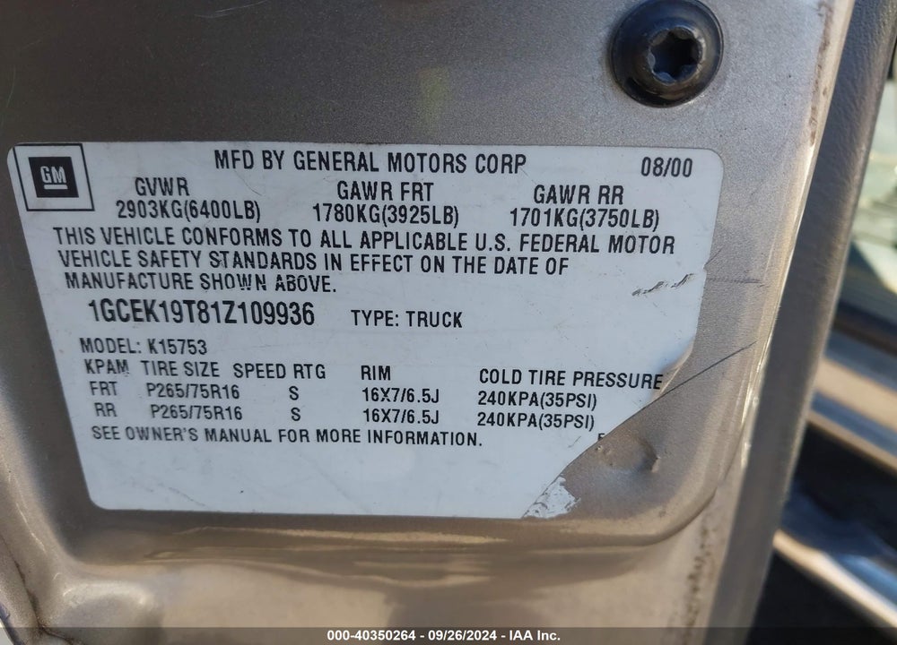 2001 CHEVROLET SILVERADO 1500 LS VIN: 1GCEK19T81Z109936
