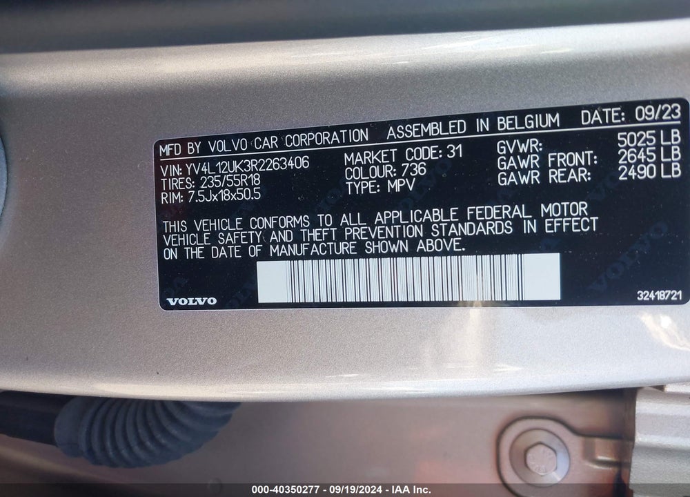 2024 VOLVO XC40 B5 CORE BRIGHT THEME/B5 CORE DARK THEME VIN: YV4L12UK3R2263406