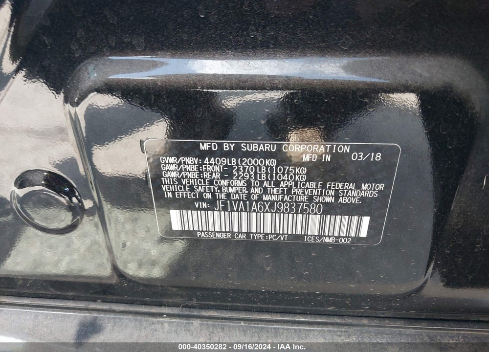 2018 SUBARU WRX VIN: JF1VA1A6XJ9837580