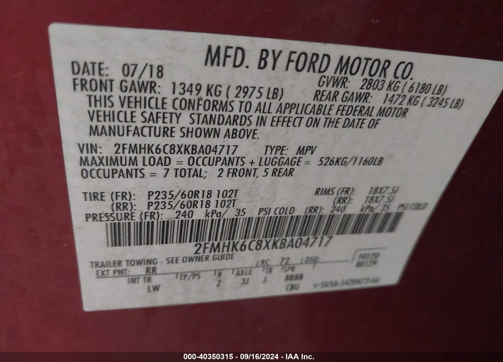 2019 FORD FLEX SEL VIN: 2FMHK6C8XKBA04717