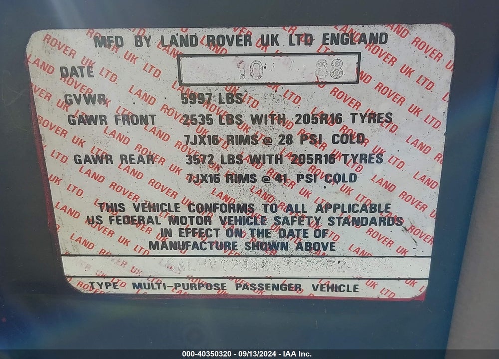 1989 LAND ROVER RANGE ROVER VIN: SALHV1244KA358282