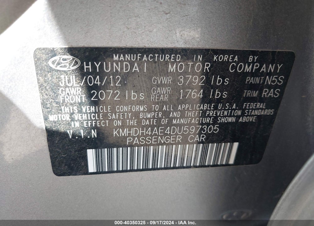 2013 HYUNDAI ELANTRA LIMITED VIN: KMHDH4AE4DU597305