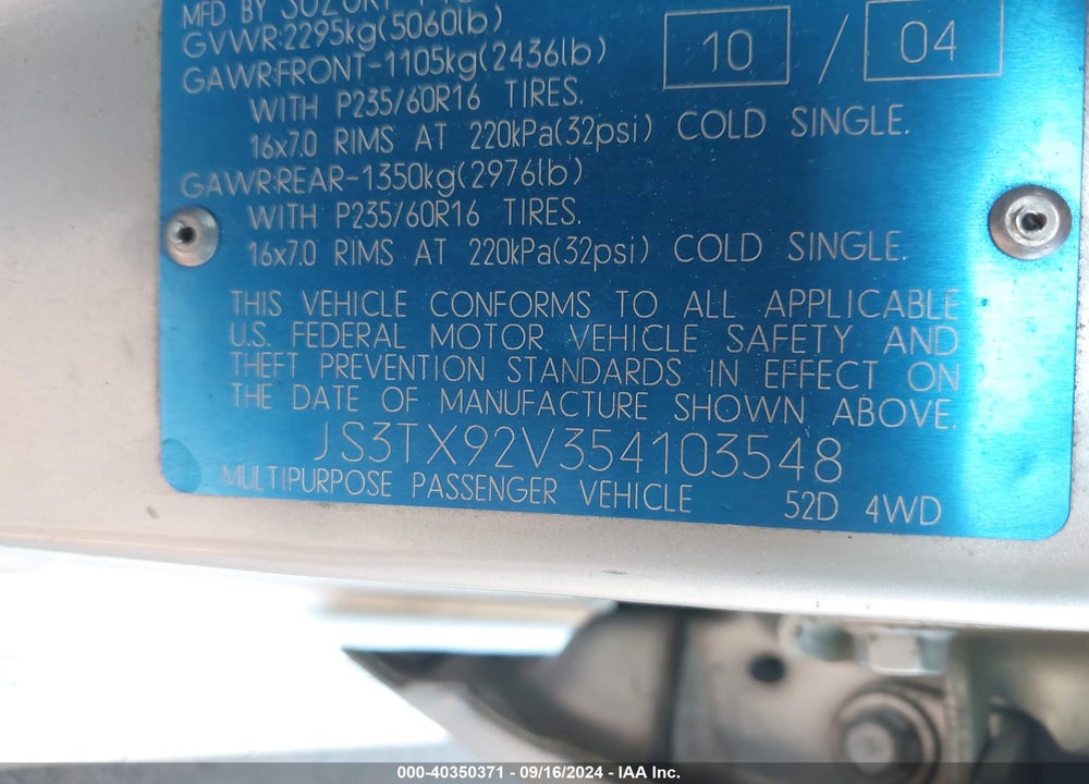 2005 SUZUKI XL-7 EX/LX VIN: JS3TX92V354103548