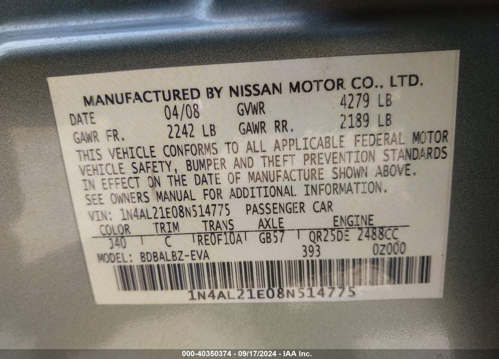 2008 NISSAN ALTIMA 2.5 S VIN: 1N4AL21E08N514775