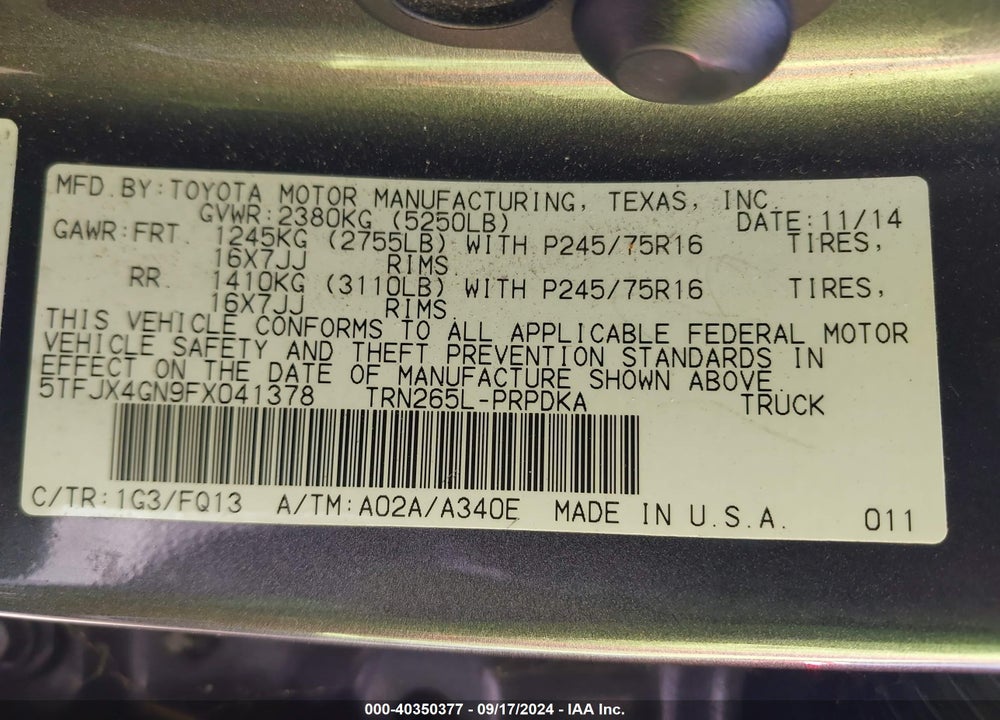 2015 TOYOTA TACOMA PRERUNNER VIN: 5TFJX4GN9FX041378