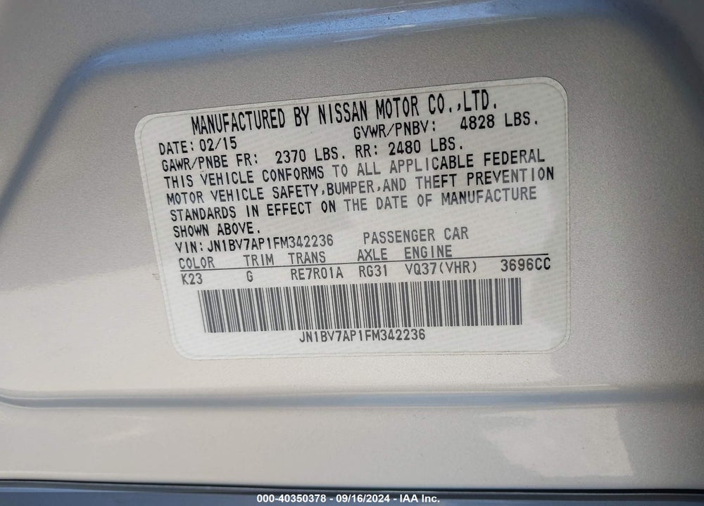 2015 INFINITI Q50 PREMIUM VIN: JN1BV7AP1FM342236