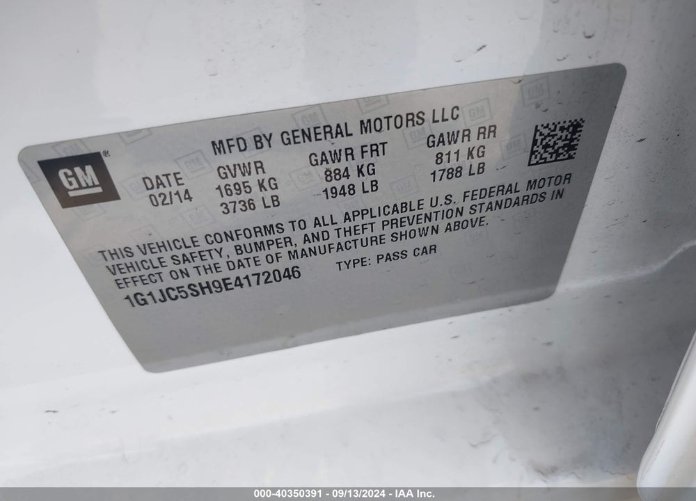 2014 CHEVROLET SONIC LT AUTO VIN: 1G1JC5SH9E4172046