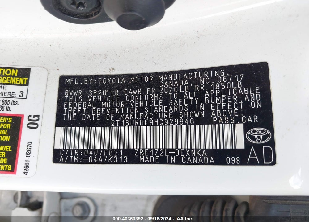 2017 TOYOTA COROLLA LE VIN: 2T1BURHE9HC929946