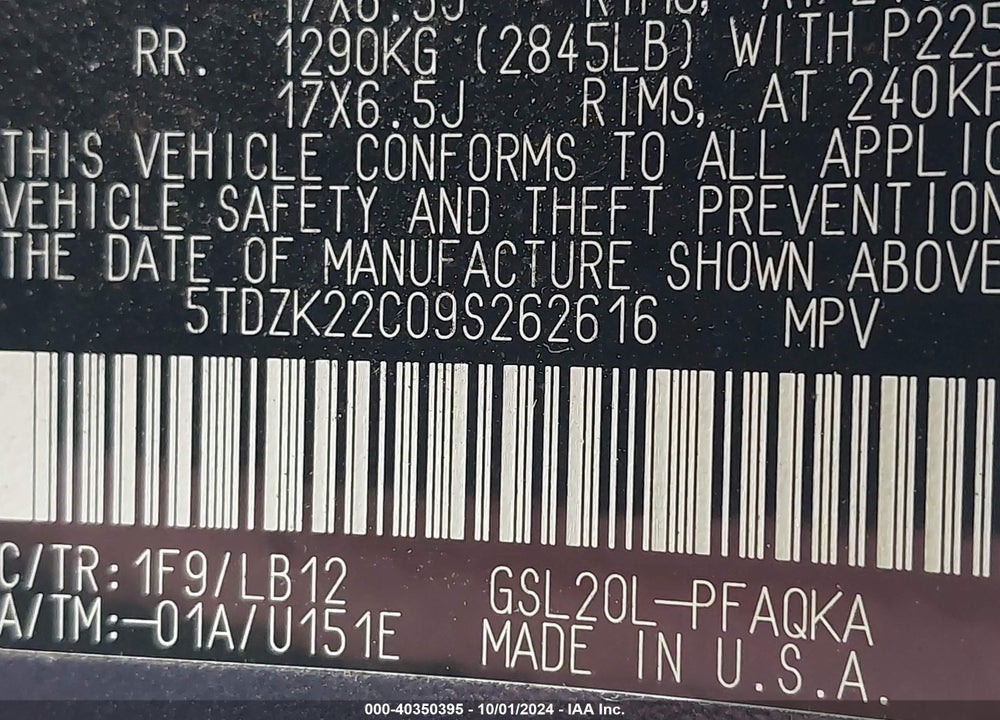 2009 TOYOTA SIENNA XLE VIN: 5TDZK22C09S262616