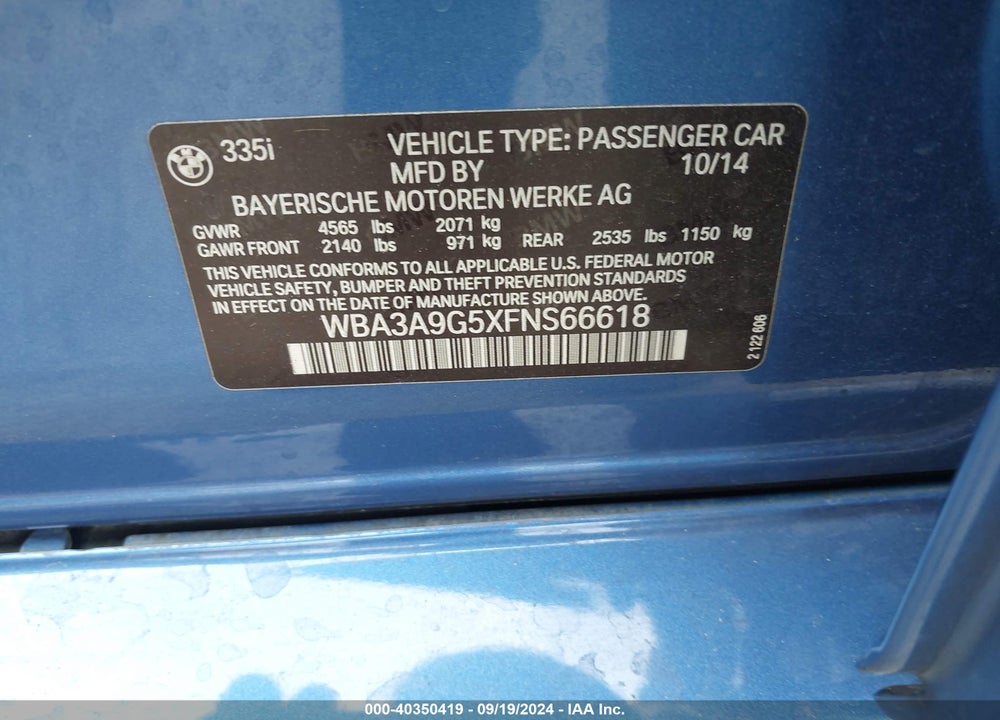 2015 BMW 335I VIN: WBA3A9G5XFNS66618