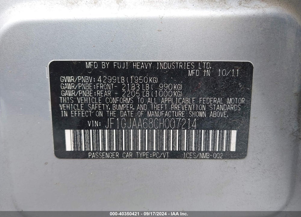 2012 SUBARU IMPREZA 2.0I VIN: JF1GJAA68CH007214