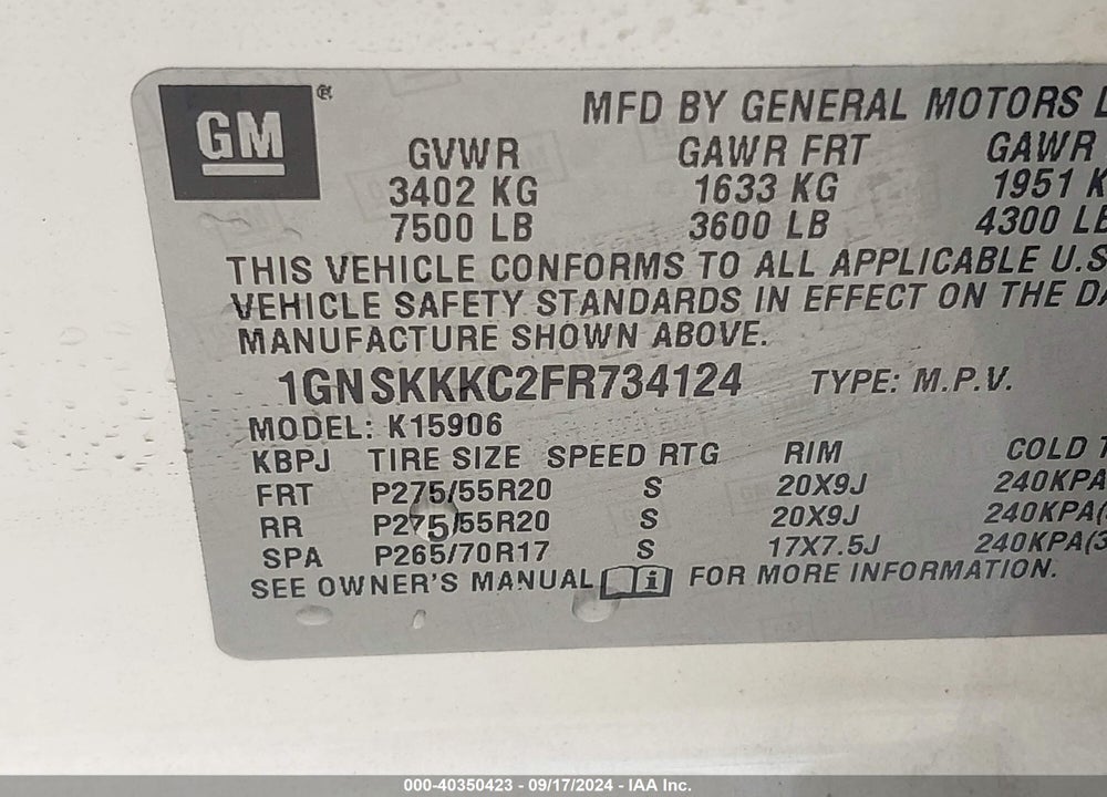 2015 CHEVROLET SUBURBAN 1500 LTZ VIN: 1GNSKKKC2FR734124