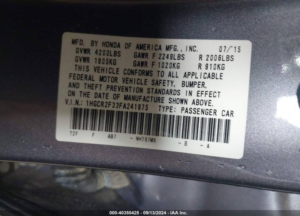 2015 HONDA ACCORD LX VIN: 1HGCR2F33FA241975