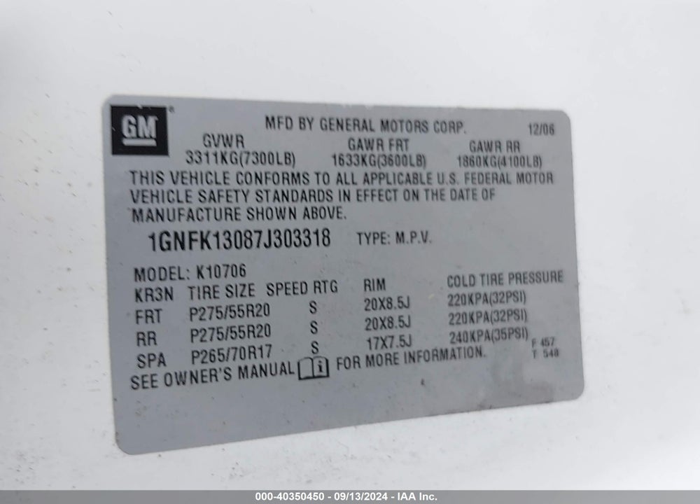 2007 CHEVROLET TAHOE LT VIN: 1GNFK13087J303318