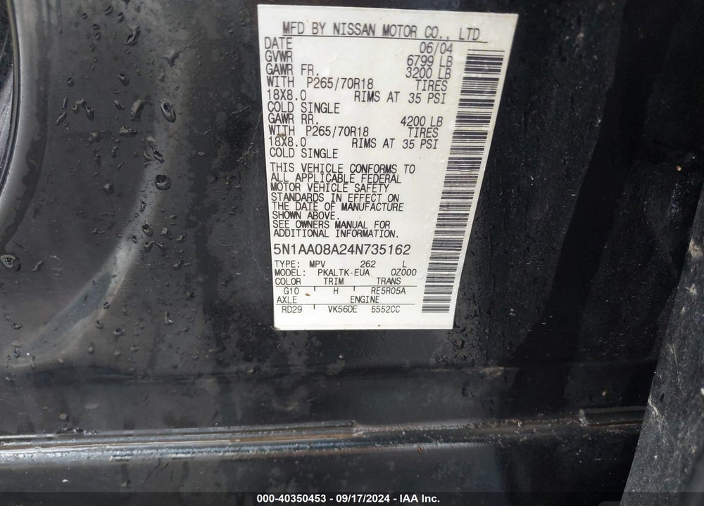 2004 NISSAN PATHFINDER ARMADA SE VIN: 5N1AA08A24N735162