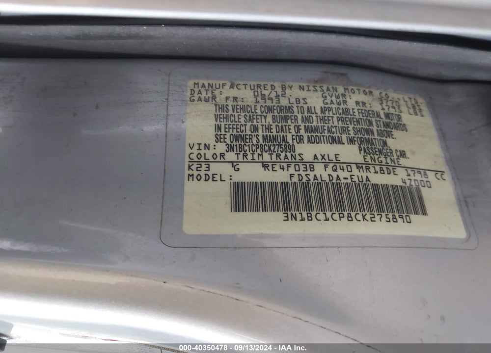 2012 NISSAN VERSA 1.8 S VIN: 3N1BC1CP8CK275890