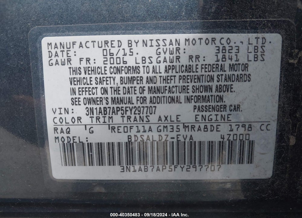 2015 NISSAN SENTRA SV VIN: 3N1AB7AP5FY297707