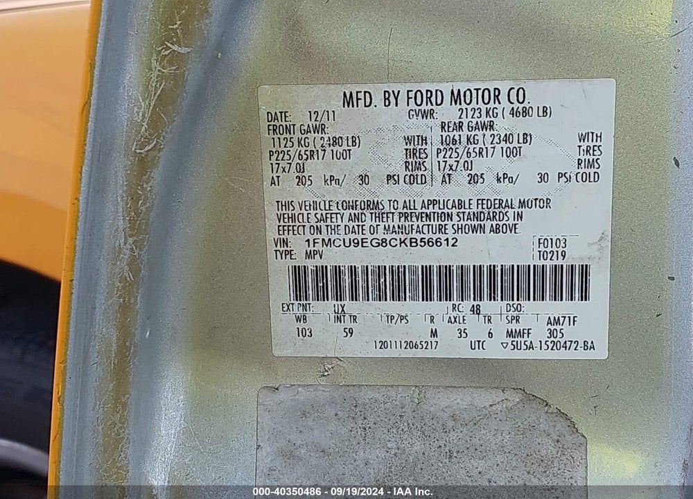 2012 FORD ESCAPE LIMITED VIN: 1FMCU9EG8CKB56612