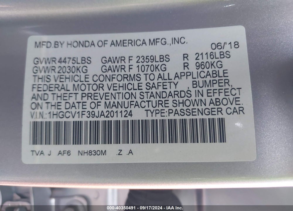 2018 HONDA ACCORD SPORT VIN: 1HGCV1F39JA201124