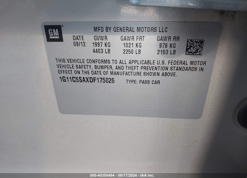 2013 CHEVROLET MALIBU 1LT VIN: 1G11C5SAXDF175026