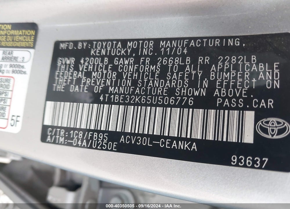2005 TOYOTA CAMRY LE VIN: 4T1BE32K65U506776