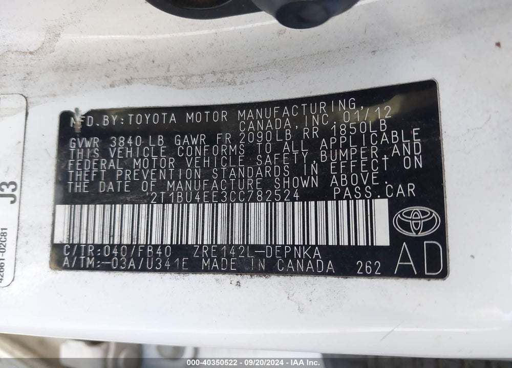 2012 TOYOTA COROLLA LE VIN: 2T1BU4EE3CC782524